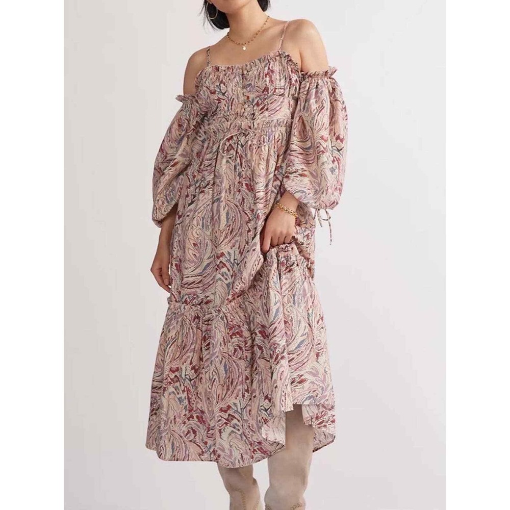 House of Harlow 1960 Teresa Babydoll Paisley Cotton Off Shoulder Indie Midi Dres